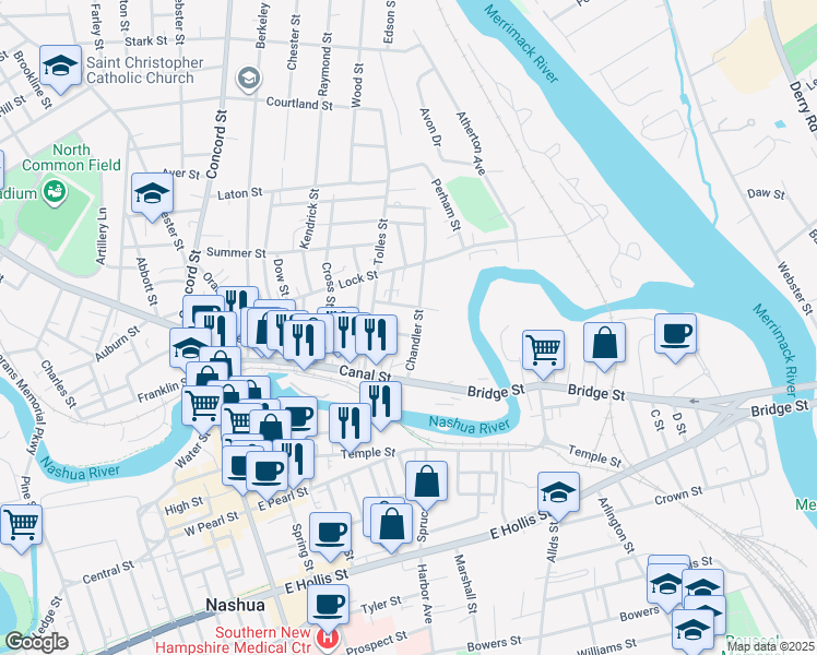 map of restaurants, bars, coffee shops, grocery stores, and more near 79 Whitney Street in Nashua