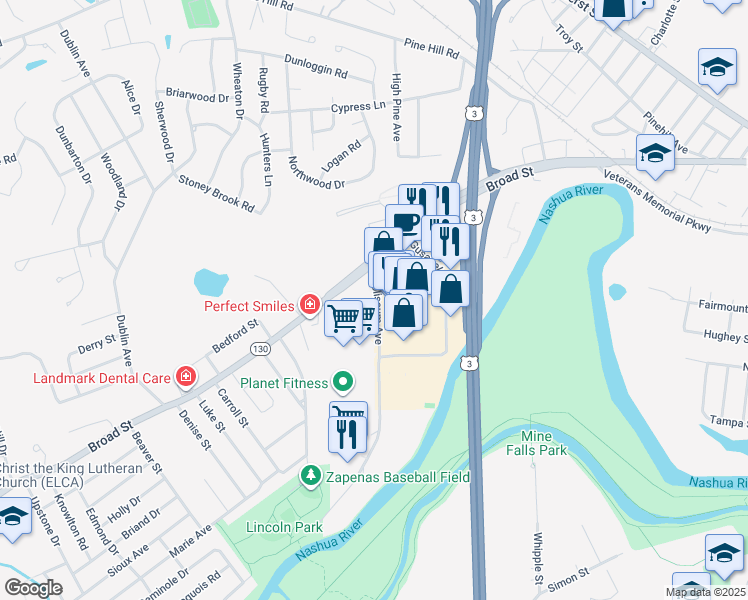 map of restaurants, bars, coffee shops, grocery stores, and more near 190 Broad Street in Nashua