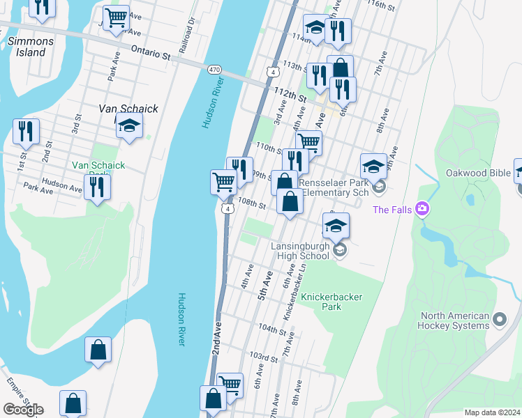 map of restaurants, bars, coffee shops, grocery stores, and more near 330 3rd Avenue in Troy