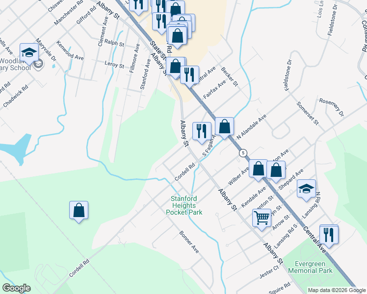 map of restaurants, bars, coffee shops, grocery stores, and more near 3910 Albany Street in Schenectady