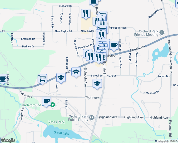 map of restaurants, bars, coffee shops, grocery stores, and more near 67 School Street in Orchard Park