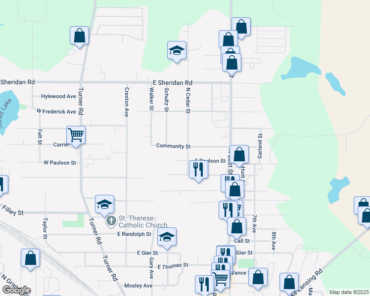 map of restaurants, bars, coffee shops, grocery stores, and more near 3108 North Cedar Street in Lansing