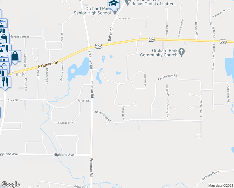 map of restaurants, bars, coffee shops, grocery stores, and more near 1 Cherry Tree Lane in Orchard Park