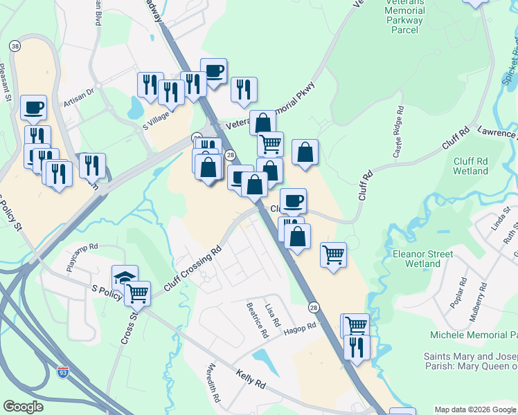 map of restaurants, bars, coffee shops, grocery stores, and more near Rte 28 & Cluff Crossing Rd in Salem