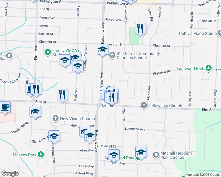 map of restaurants, bars, coffee shops, grocery stores, and more near 25 Paulson Court in St. Thomas