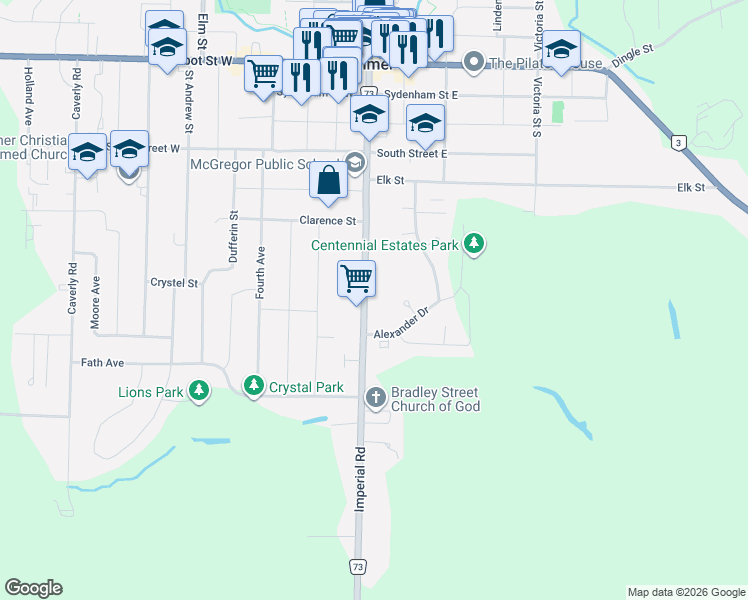 map of restaurants, bars, coffee shops, grocery stores, and more near 295 John Street South in Aylmer