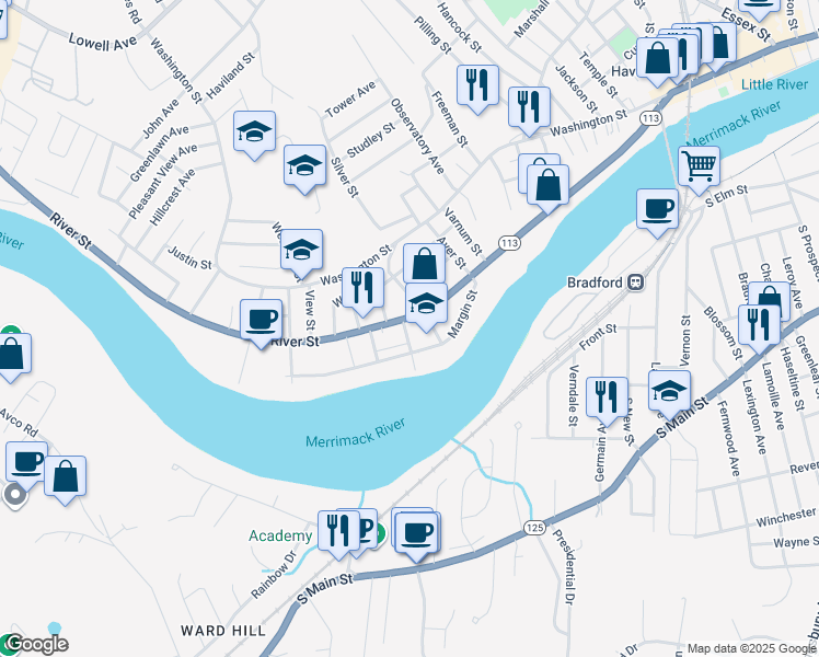 map of restaurants, bars, coffee shops, grocery stores, and more near 402 River Street in Haverhill