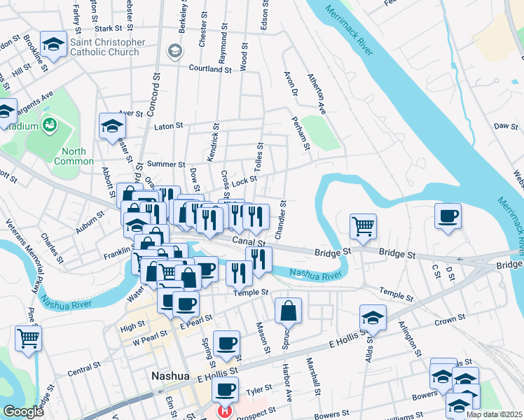map of restaurants, bars, coffee shops, grocery stores, and more near 23 Tolles Street in Nashua