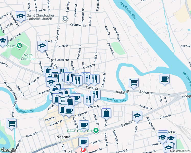 map of restaurants, bars, coffee shops, grocery stores, and more near 23 Tolles Street in Nashua