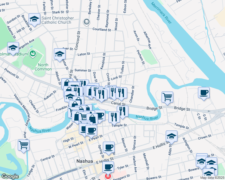 map of restaurants, bars, coffee shops, grocery stores, and more near 7 Cross Street in Nashua