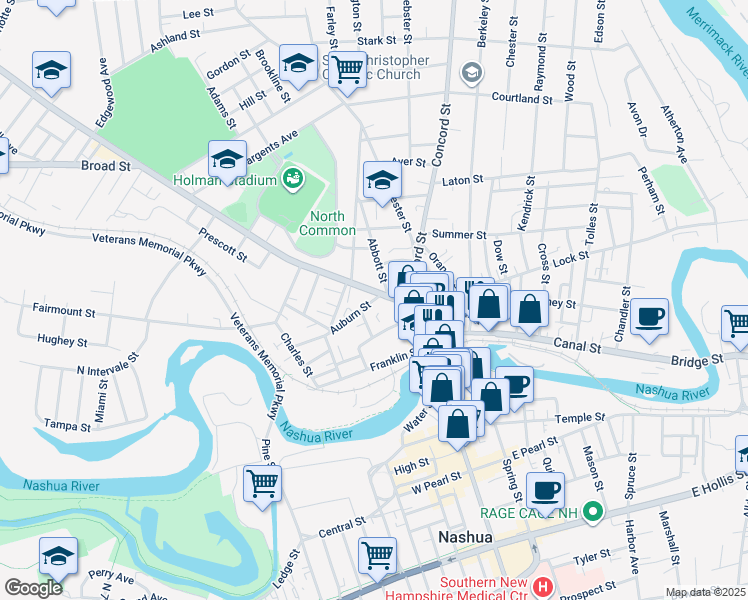 map of restaurants, bars, coffee shops, grocery stores, and more near 5 Beard Street in Nashua