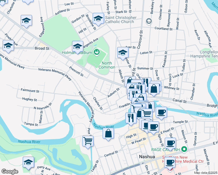map of restaurants, bars, coffee shops, grocery stores, and more near 16 Beacon Street in Nashua