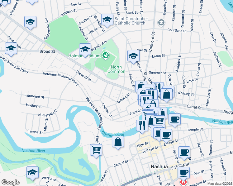 map of restaurants, bars, coffee shops, grocery stores, and more near 16 Beacon Street in Nashua