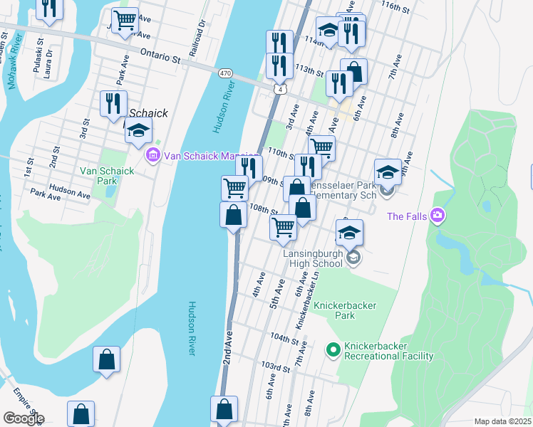 map of restaurants, bars, coffee shops, grocery stores, and more near 330 3rd Avenue in Troy