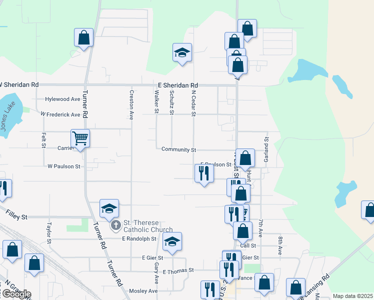 map of restaurants, bars, coffee shops, grocery stores, and more near 423 East Paulson Street in Lansing