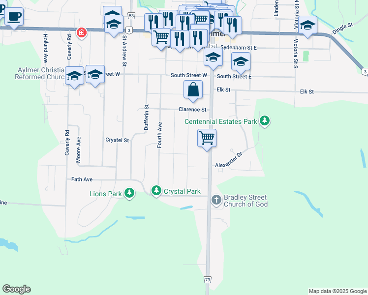 map of restaurants, bars, coffee shops, grocery stores, and more near 63 York Street in Aylmer