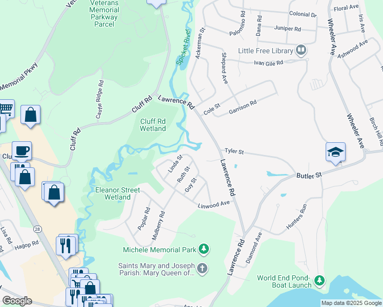 map of restaurants, bars, coffee shops, grocery stores, and more near 11 Ruth Street in Salem