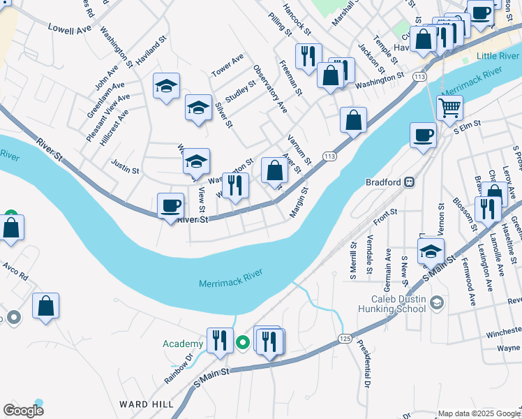map of restaurants, bars, coffee shops, grocery stores, and more near 402 River Street in Haverhill