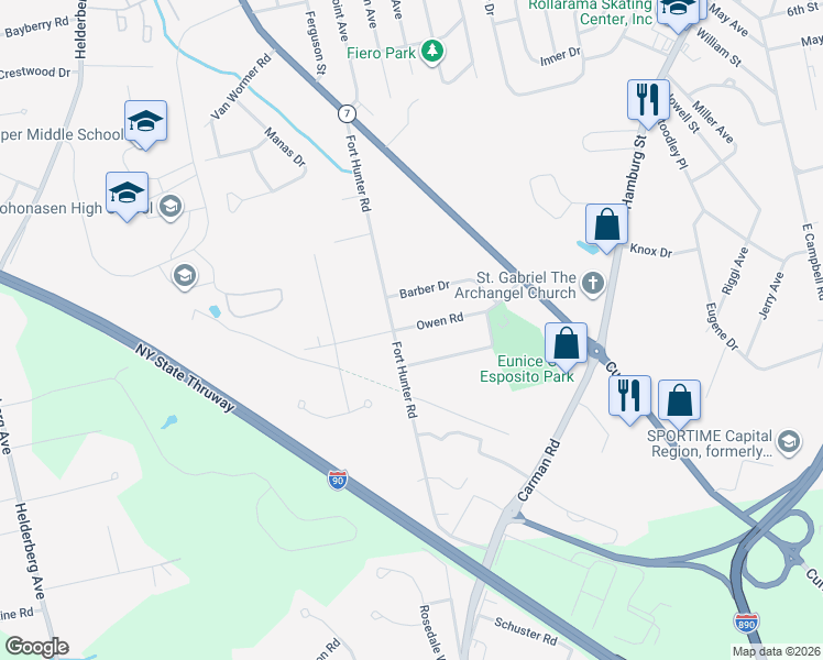 map of restaurants, bars, coffee shops, grocery stores, and more near 1105 Fayette Drive in Schenectady