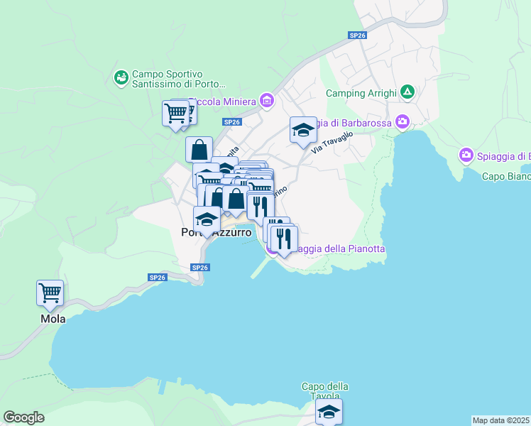 map of restaurants, bars, coffee shops, grocery stores, and more near 14 Via Salita del Forte in Porto Azzurro
