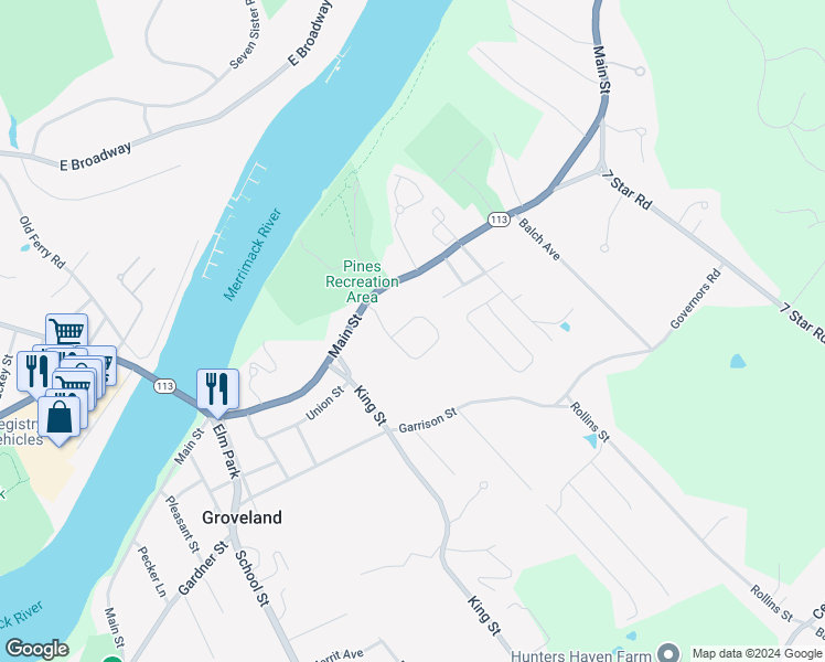 map of restaurants, bars, coffee shops, grocery stores, and more near 1 Manor Drive in Groveland