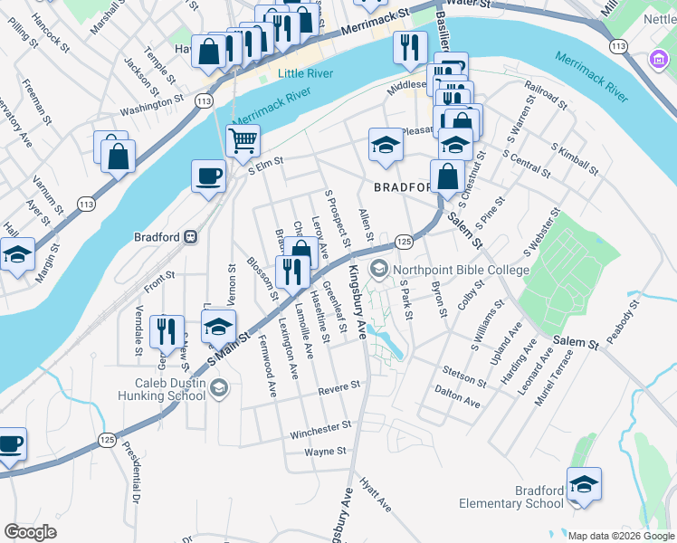 map of restaurants, bars, coffee shops, grocery stores, and more near 11 Greenleaf Street in Haverhill