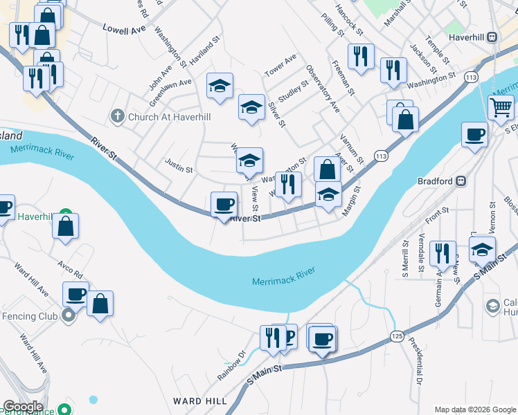 map of restaurants, bars, coffee shops, grocery stores, and more near 516 River Street in Haverhill