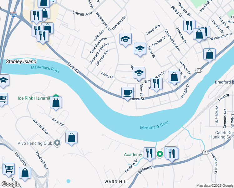 map of restaurants, bars, coffee shops, grocery stores, and more near 600 River Street in Haverhill