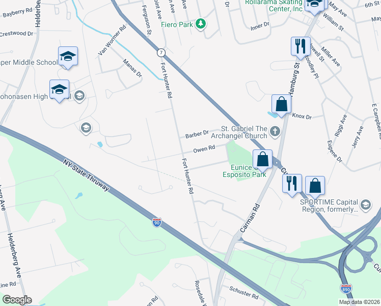 map of restaurants, bars, coffee shops, grocery stores, and more near 1105 Fayette Drive in Schenectady