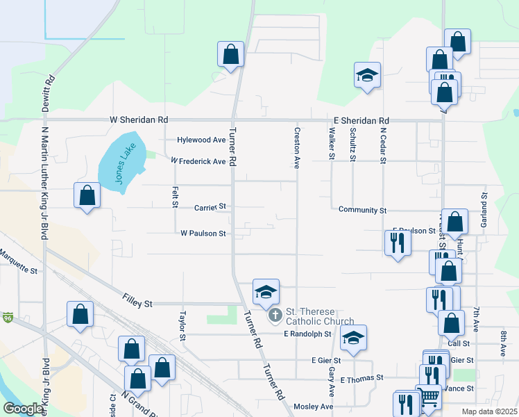 map of restaurants, bars, coffee shops, grocery stores, and more near 3110 Turner Road in Lansing