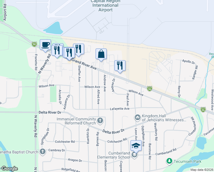 map of restaurants, bars, coffee shops, grocery stores, and more near 3111 Andrew Avenue in Lansing