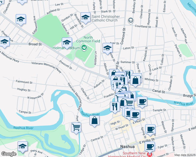map of restaurants, bars, coffee shops, grocery stores, and more near 16 Beacon Street in Nashua