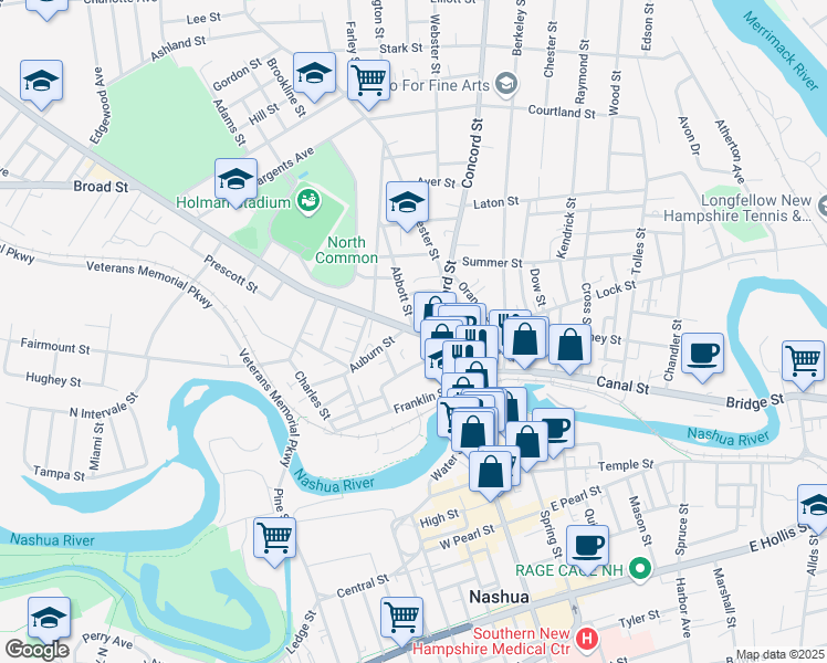 map of restaurants, bars, coffee shops, grocery stores, and more near 1 Abbott Street in Nashua