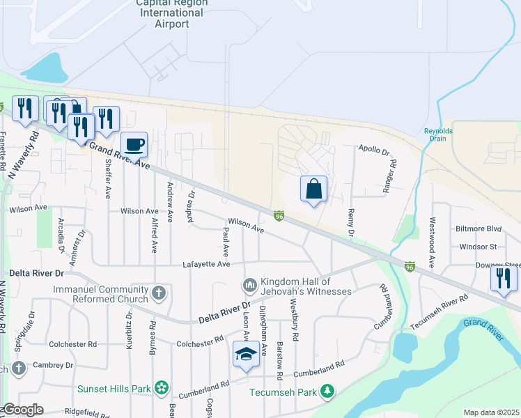 map of restaurants, bars, coffee shops, grocery stores, and more near 4100 North Grand River Avenue in Lansing