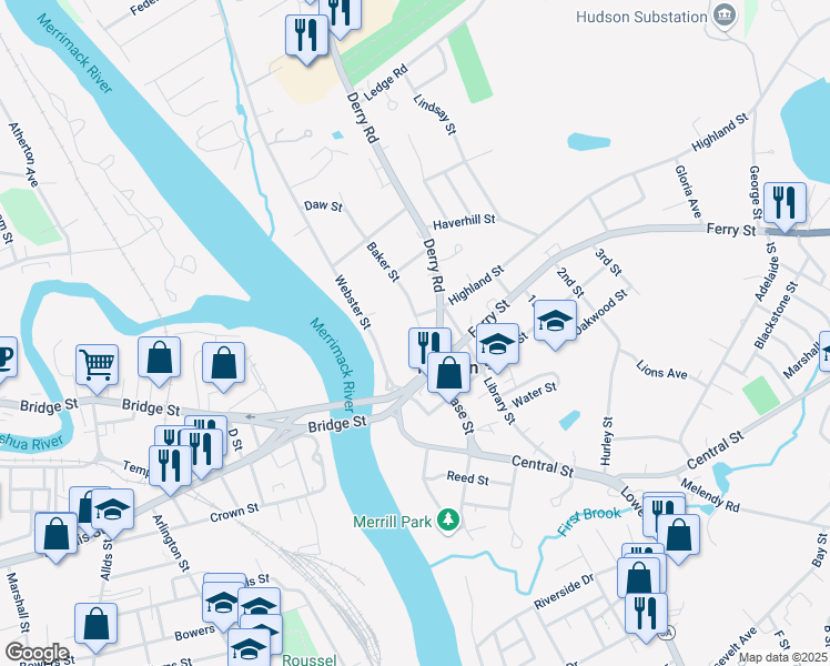map of restaurants, bars, coffee shops, grocery stores, and more near 10 Baker Street in Hudson