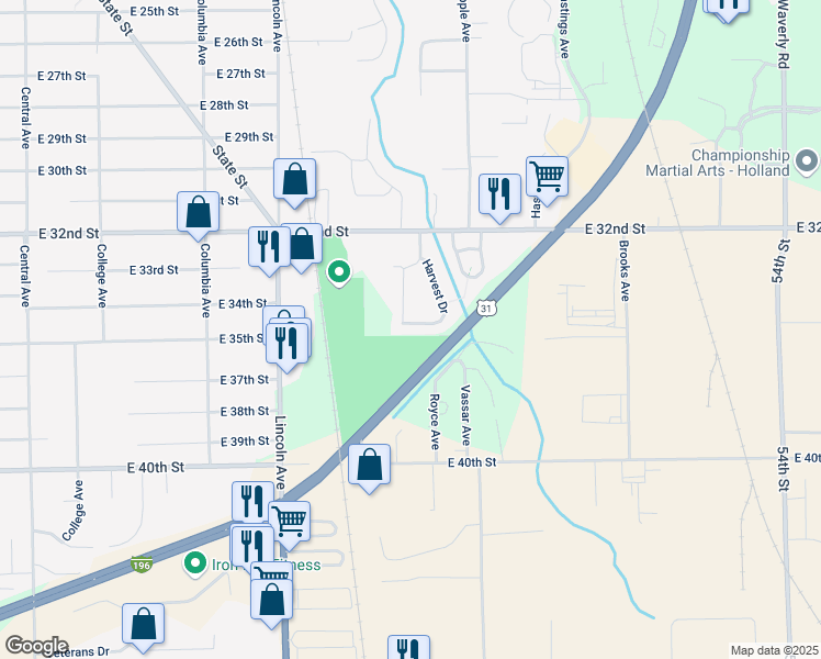 map of restaurants, bars, coffee shops, grocery stores, and more near 291 Harvest Lane in Holland