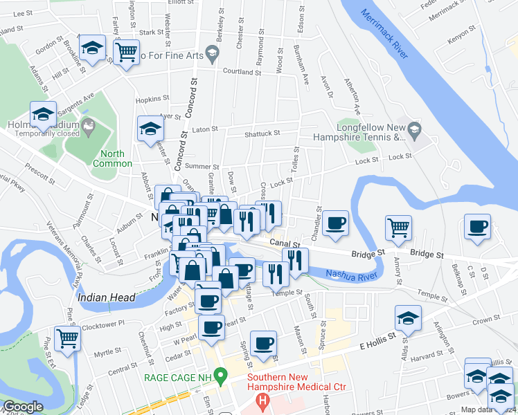 map of restaurants, bars, coffee shops, grocery stores, and more near 20 Whitney Street in Nashua