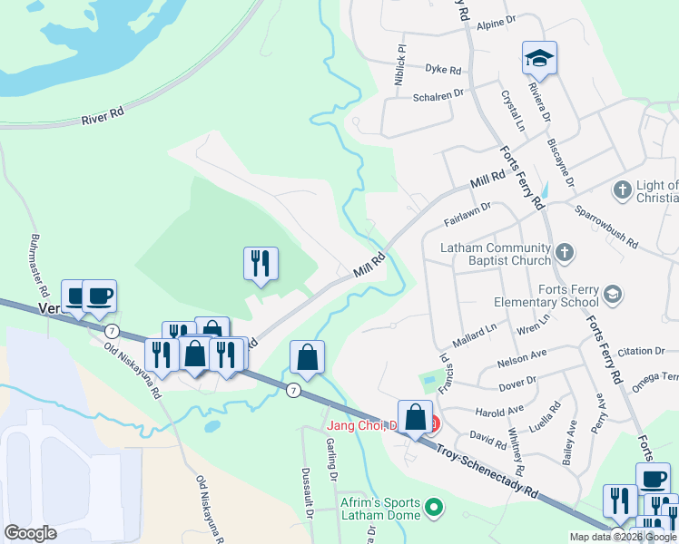 map of restaurants, bars, coffee shops, grocery stores, and more near 5 Vandenburg Lane in Latham