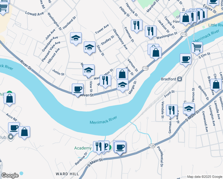 map of restaurants, bars, coffee shops, grocery stores, and more near 150 Wilson Street in Haverhill