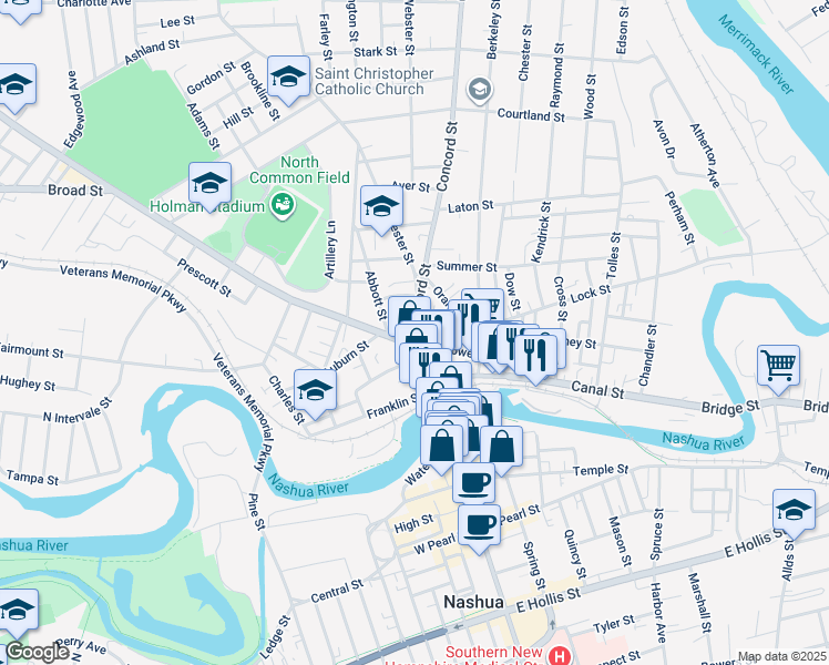 map of restaurants, bars, coffee shops, grocery stores, and more near in Nashua