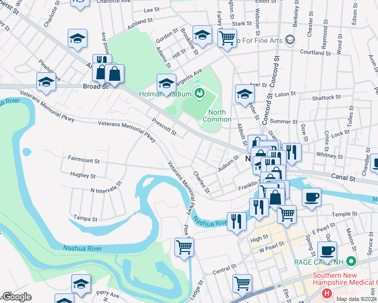 map of restaurants, bars, coffee shops, grocery stores, and more near 4 1/2 Bruce Street in Nashua