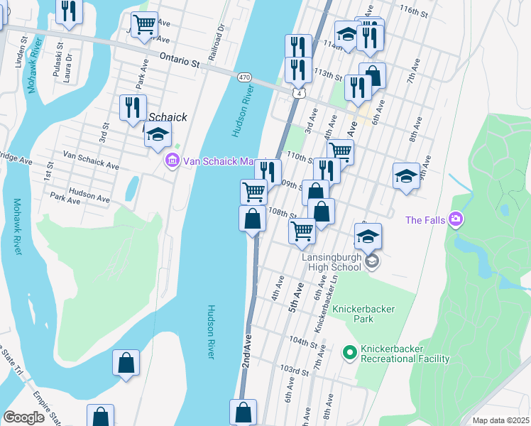 map of restaurants, bars, coffee shops, grocery stores, and more near 349 2nd Avenue in Troy