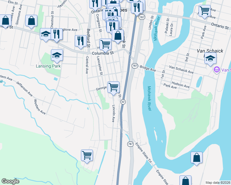 map of restaurants, bars, coffee shops, grocery stores, and more near 180 Congress Street in Cohoes