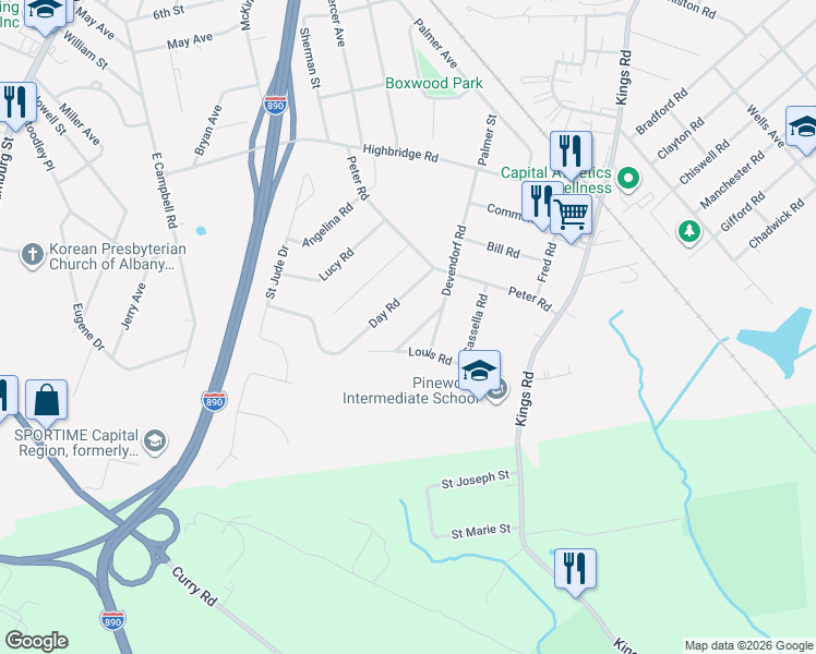 map of restaurants, bars, coffee shops, grocery stores, and more near 1029 Day Road in Schenectady