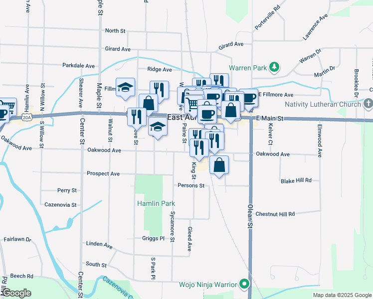 map of restaurants, bars, coffee shops, grocery stores, and more near 48 Paine Street in East Aurora