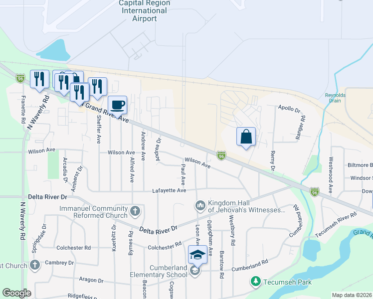map of restaurants, bars, coffee shops, grocery stores, and more near 4100-4276 North Grand River Avenue in Lansing