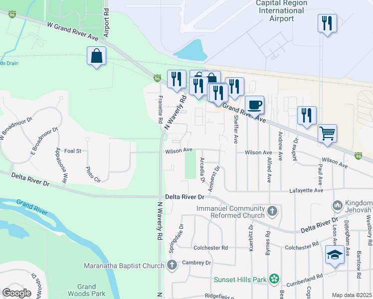 map of restaurants, bars, coffee shops, grocery stores, and more near 3818 Wilson Avenue in Lansing