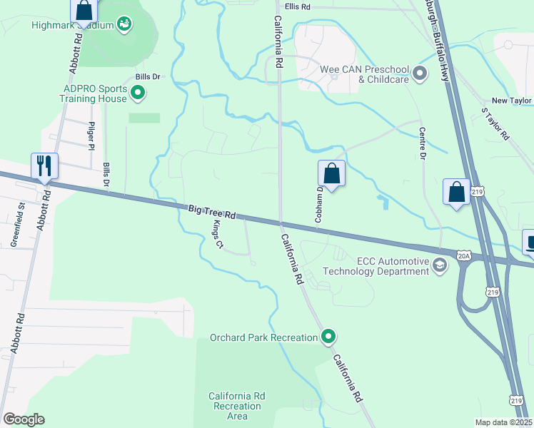 map of restaurants, bars, coffee shops, grocery stores, and more near 5570 Big Tree Road in Orchard Park