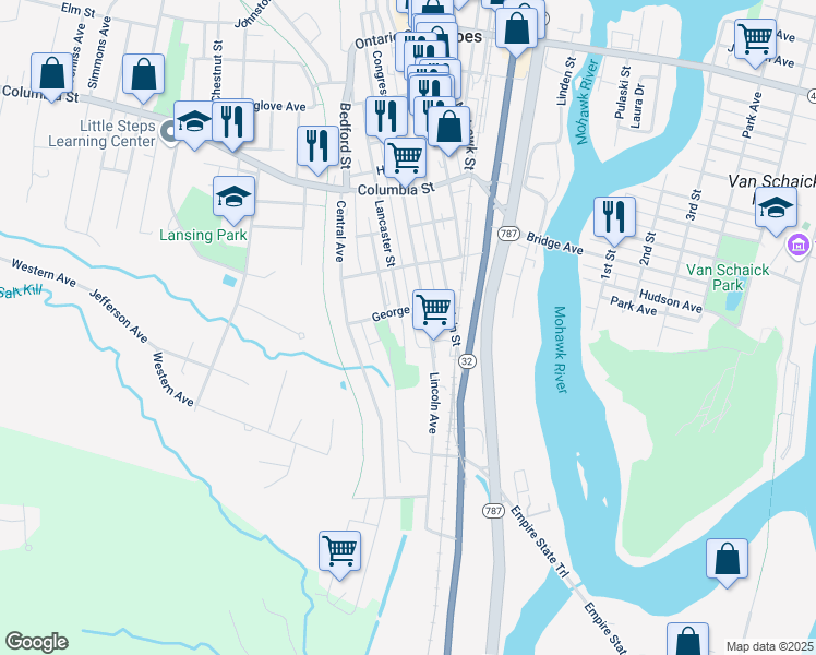 map of restaurants, bars, coffee shops, grocery stores, and more near 172 Lancaster Street in Cohoes
