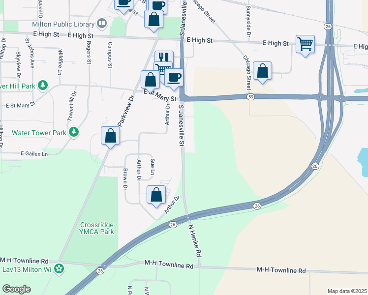 map of restaurants, bars, coffee shops, grocery stores, and more near 1152 South Janesville Street in Milton